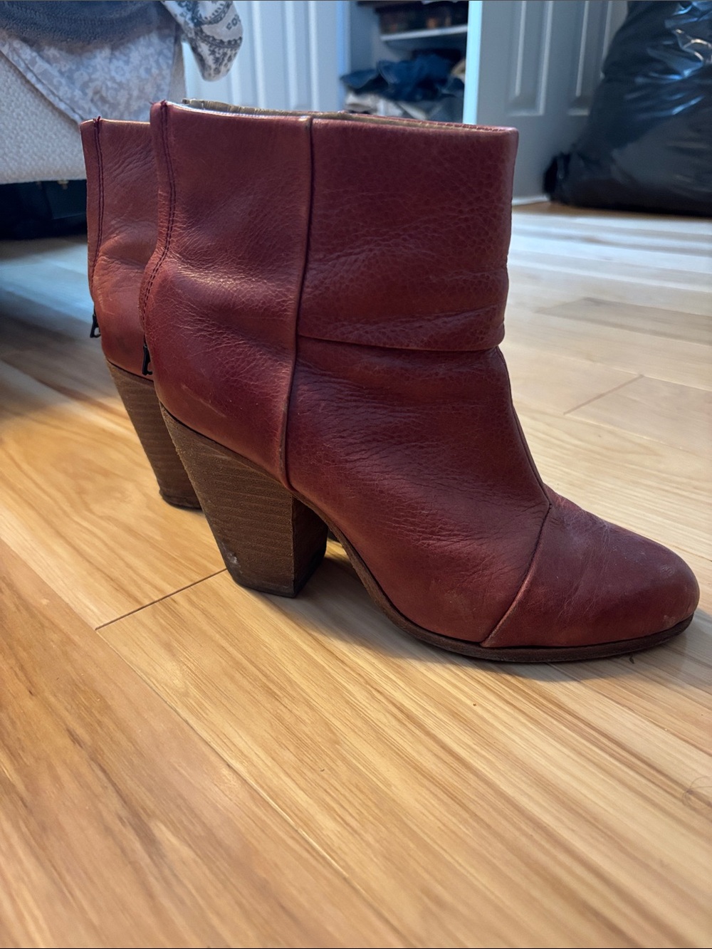 Women’s Red/ Burgundy Leather Ankle Booties with Block Heel